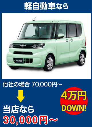 軽自動車なら、他社の場合70,000円～のところを大和自動車ガラスなら30,000円～　5万円DOWN！